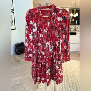 Ulla Johnson Red V-Neck Bishop Sleeve Sundress